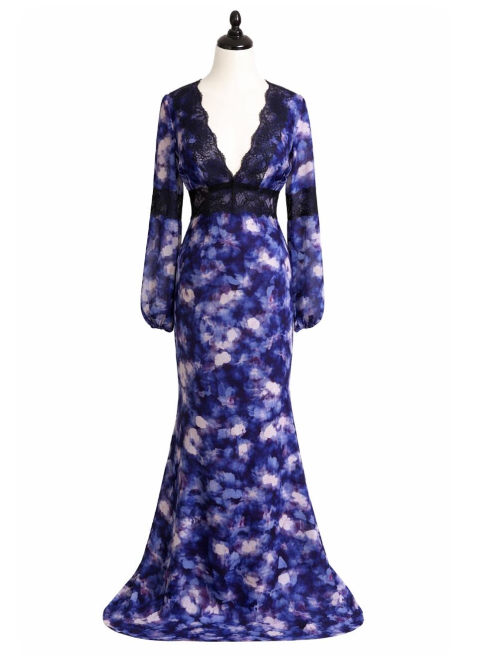 Badgley Mischka Bethany Gown Size 0 Blue Black Long Sleeve Lace Maxi Dress